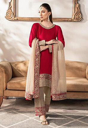 Embroidered Satin Pakistani Suit in Red