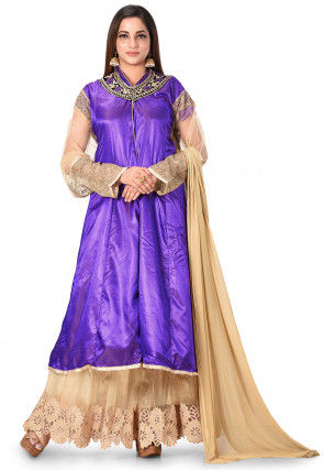 Embroidered Satin Pakistani Suit in Violet and Beige