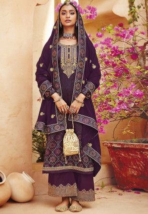 Embroidered Satin Pakistani Suit in Wine