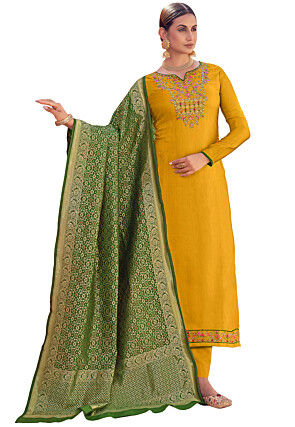Embroidered Satin Pakistani Suit in Yellow