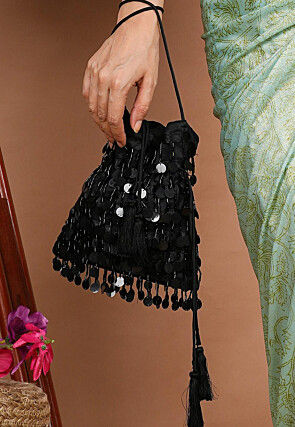 Embroidered Satin Potli Bag in Black