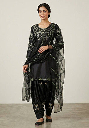satin punjabi dress for women Sea Green Embroidered Satin Punjabi Suit