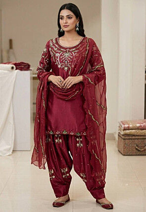 satin punjabi dress for women Purple Satin Punjabi Dress with Embroidery