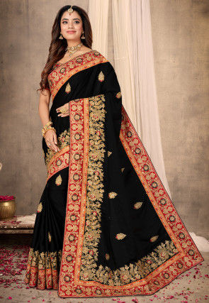 Embroidered Satin Saree in Black