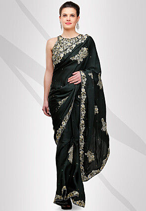 Embroidered Satin Saree in Black
