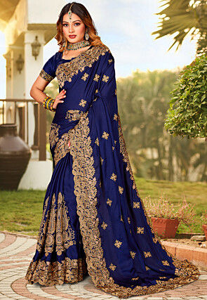 Embroidered Satin Saree in Blue