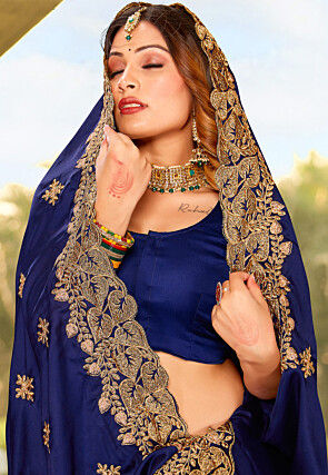 Embroidered Satin Saree in Blue