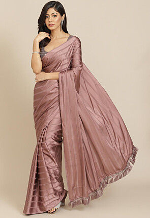 Embroidered Satin Saree in Brown