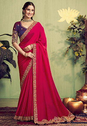 Embroidered Border Satin Saree in Fuchsia