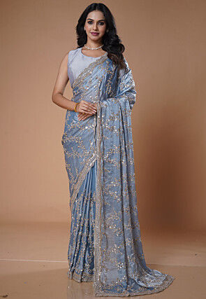 Embroidered Satin Saree in Light Blue
