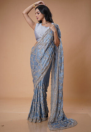 Embroidered Satin Saree in Light Blue