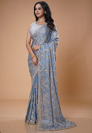 Embroidered Satin Saree in Light Blue