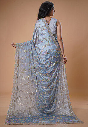 Embroidered Satin Saree in Light Blue