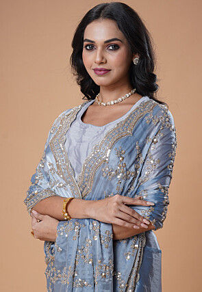 Embroidered Satin Saree in Light Blue