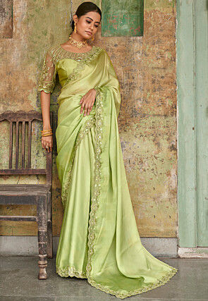 Embroidered Border Satin Saree in Light Green