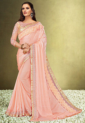 Embroidered Satin Saree in Light Pink
