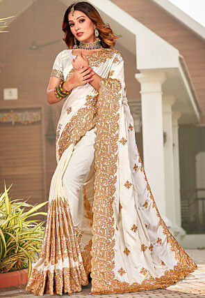 Embroidered Satin Saree in Off White