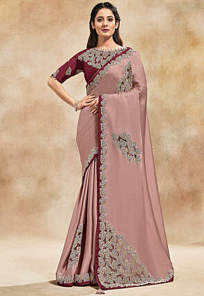Embroidered Satin Saree in Pink