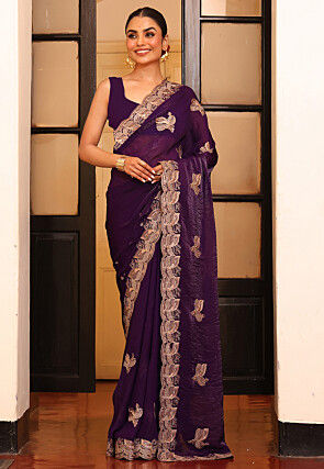 Embroidered Satin Saree in Purple