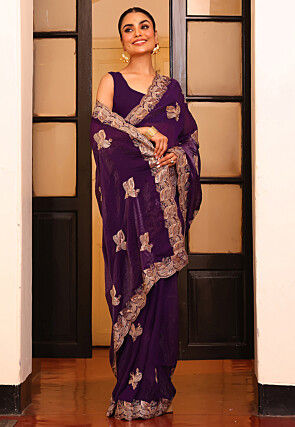 Embroidered Satin Saree in Purple