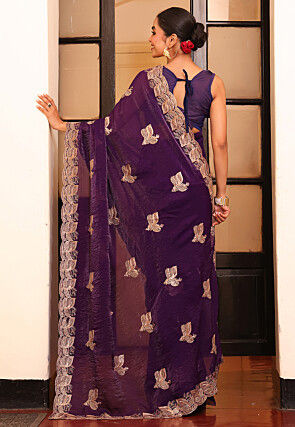 Embroidered Satin Saree in Purple