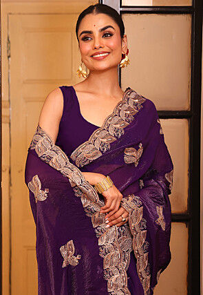 Embroidered Satin Saree in Purple