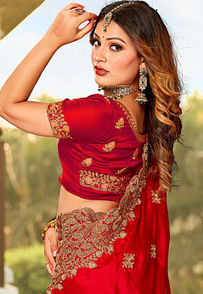 Embroidered Satin Saree in Red