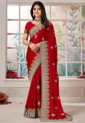 Embroidered Satin Saree in Red