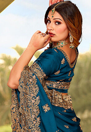 Embroidered Satin Saree in Teal Blue