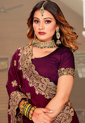 Embroidered Satin Saree in Wine