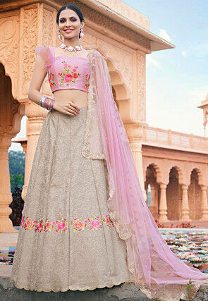 Embroidered Satin Scalloped Lehenga in Fawn