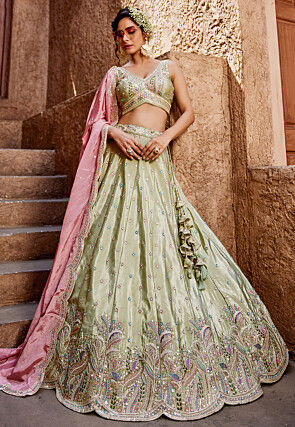 Embroidered Satin Scalloped Lehenga in Light Green