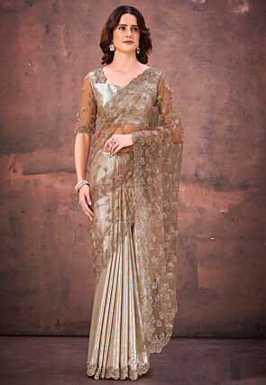 Embroidered Satin Scalloped Saree in Beige