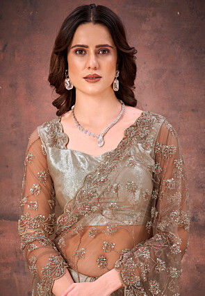 Embroidered Satin Scalloped Saree in Beige