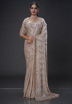Embroidered Satin Scalloped Saree in Beige