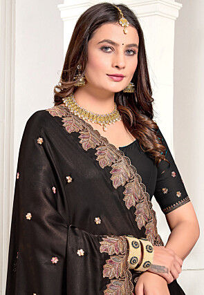 Embroidered Satin Scalloped Saree in Black