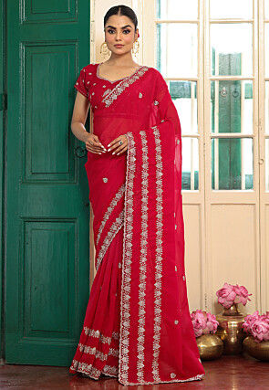 Embroidered Satin Georgette Crush Scalloped Saree in Fuchsia