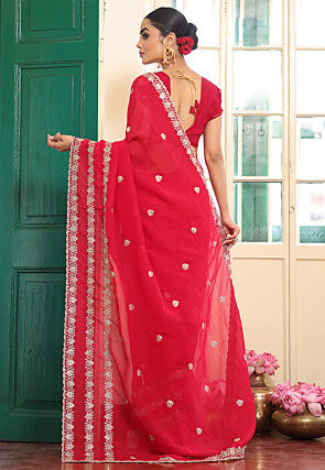 Embroidered Satin Georgette Crush Scalloped Saree in Fuchsia