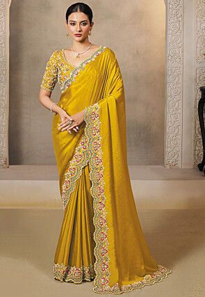Embroidered Satin Scalloped Saree in Mustard