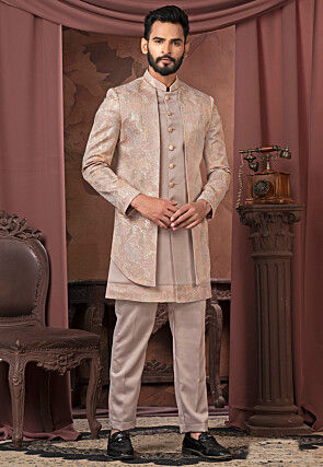 Embroidered Satin Sherwani in Fawn