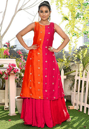 Embroidered Satin Silk A Line Kurta in Orange and Magenta