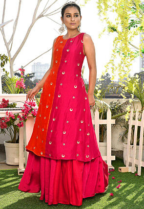 Embroidered Satin Silk A Line Kurta in Orange and Magenta
