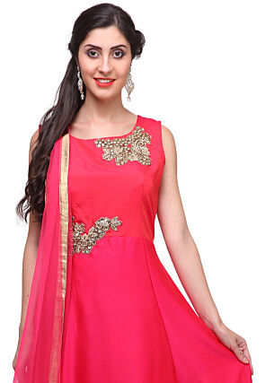 Embroidered Satin Silk Abaya Style Suit in Fuchsia