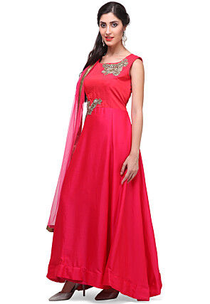 Embroidered Satin Silk Abaya Style Suit in Fuchsia