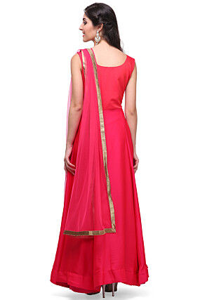 Embroidered Satin Silk Abaya Style Suit in Fuchsia