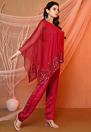 Embroidered Satin Silk and Tissue Jumpsuit in Red