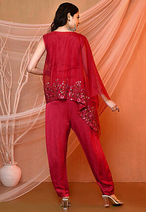 Embroidered Satin Silk and Tissue Jumpsuit in Red