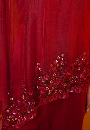 Embroidered Satin Silk and Tissue Jumpsuit in Red