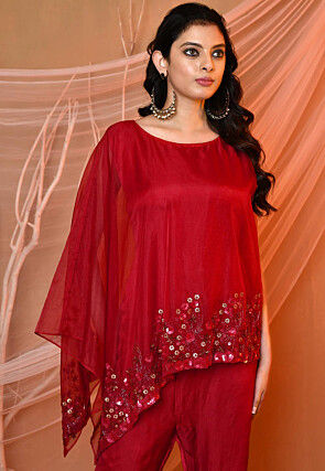 Embroidered Satin Silk and Tissue Jumpsuit in Red