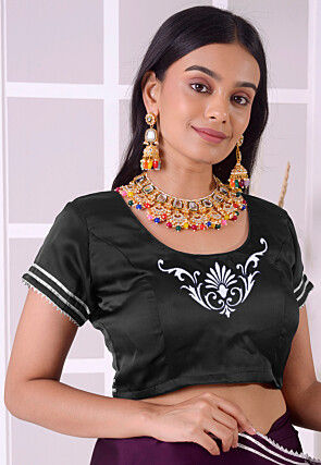 Embroidered Satin Silk Blouse in Black